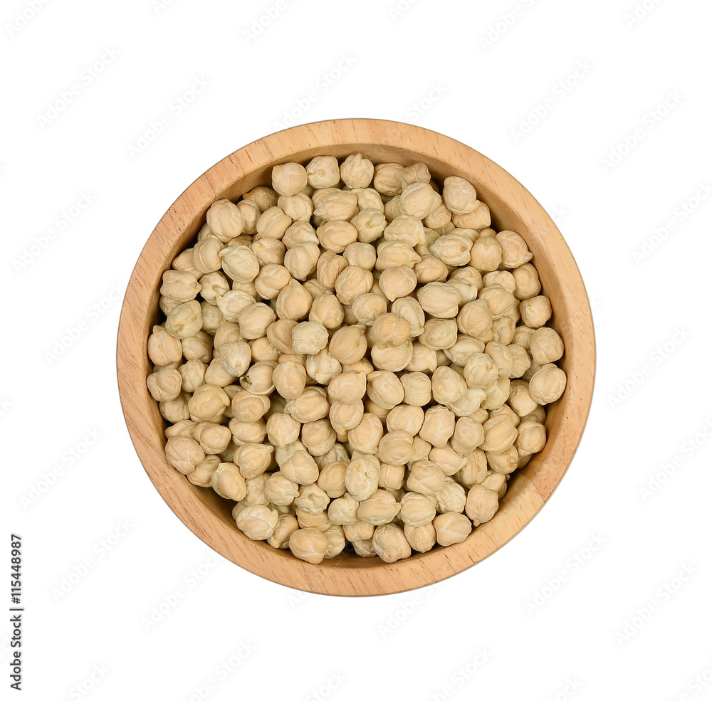 Top view garbanzo beans in wooden bowl on white background Top view garbanzo beans in wooden bowl on white background
