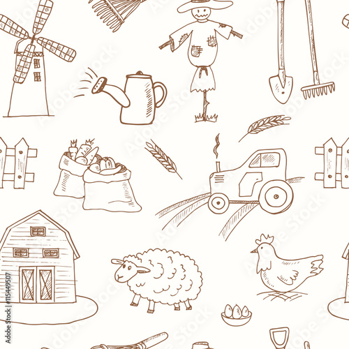 Seamless pattern with Organic farm hand drawn decorative icons set