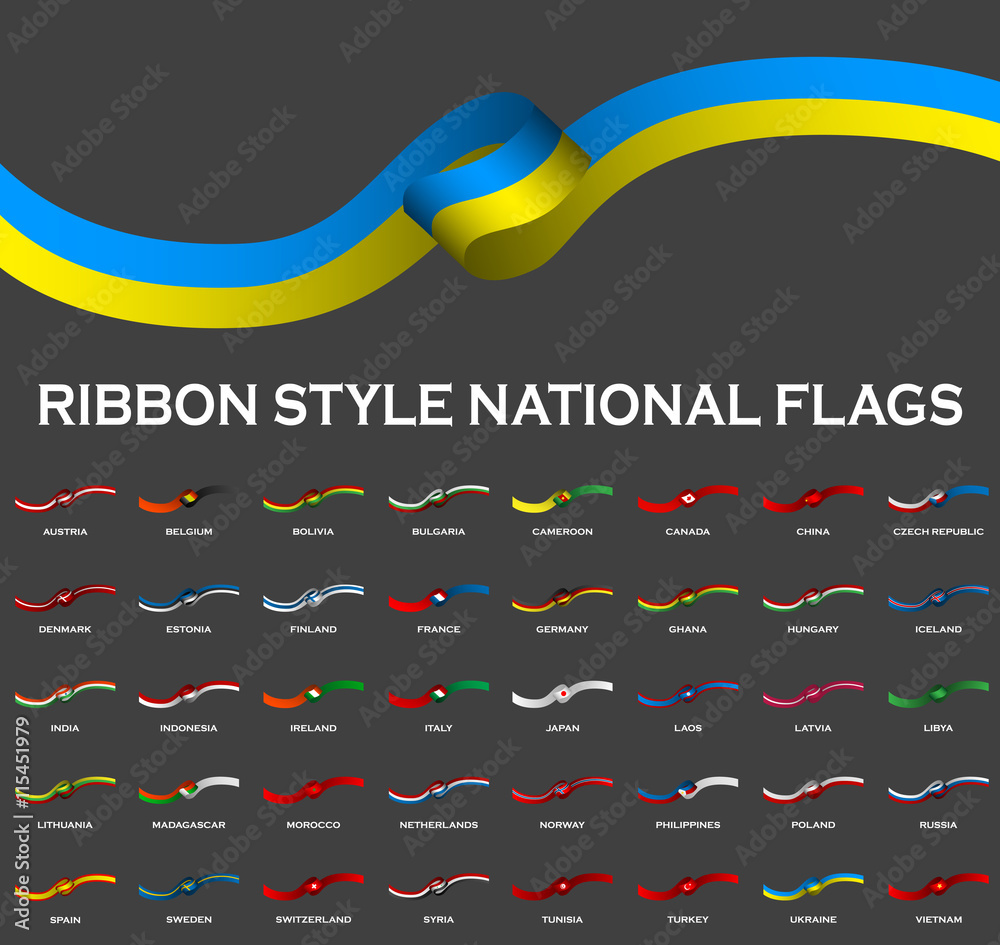 Different Flags Ribbon Ribbon style national flags 40 in 1 isolated on black. Vector ...