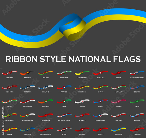 Ribbon style national flags 40 in 1 isolated on black. Vector Illustration