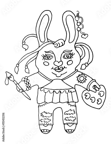 Outline drawing a cute rabbit girl artist with brush and palette paint cartoon character on isolated white background kids coloring book and coloring page print pattern vector illustration