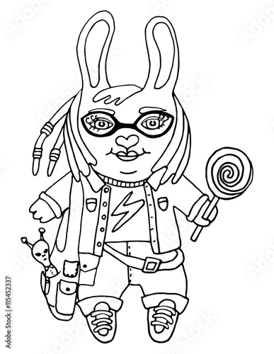 Outline drawing a cute rabbit girl nerd in glasses with toy and candy cartoon character on isolated white background kids coloring book and coloring page print pattern vector illustration
