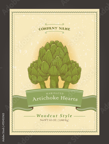Vector label with artichoke. Retro template in woodcut style. Easy editable.