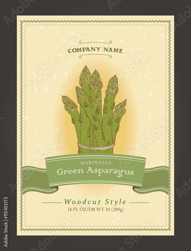 Retro label with asparagus. Vector template in woodcut style.