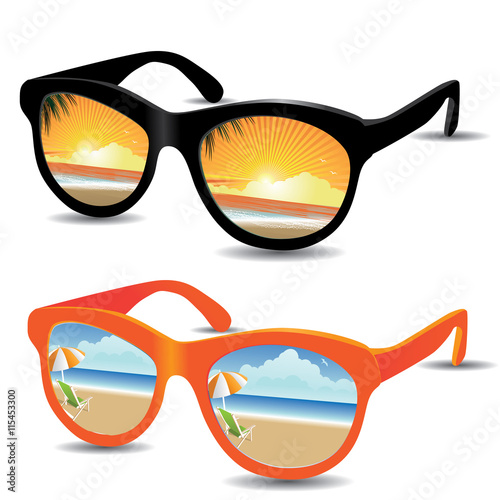 Reflective sunglasses with beach sunrise/sunset and sunny day. EPS 8 vector, grouped for easy editing. No open shapes or paths.