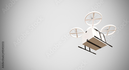 Ambulance Generic Design Remote Control Air Drone Flying White Box Under Empty Surface.Blank Light Background.Global Cargo Aid Supplies Express Delivery.Wide,Motion Blur effect.3D rendering.