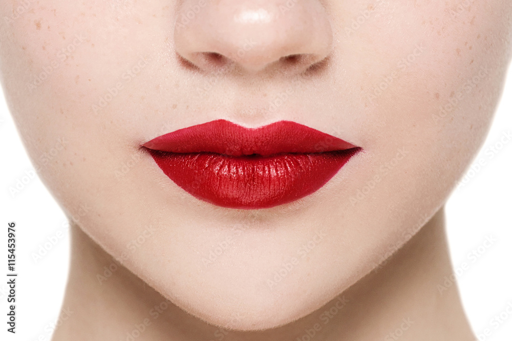 Part of attractive woman's face with fashion red lips makeup. Part of attractive woman's face with fashion red lips makeup.
