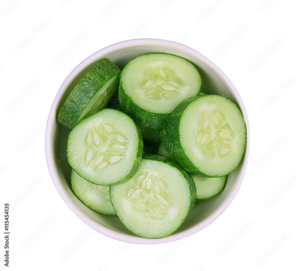 Top view Fresh slice cucumber in white bowl on white background Top view Fresh slice cucumber in white bowl on white background