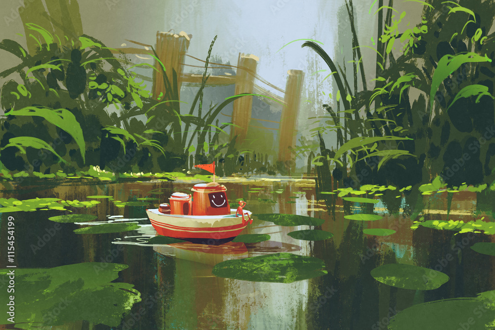 Fototapeta premium toy boat sailing on river in forest,digital painting,illustration