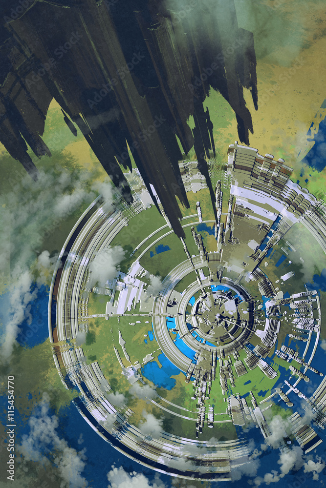 Fototapeta premium aerial view of futuristic city and spacecraft in the foreground,alien planet,illustration painting