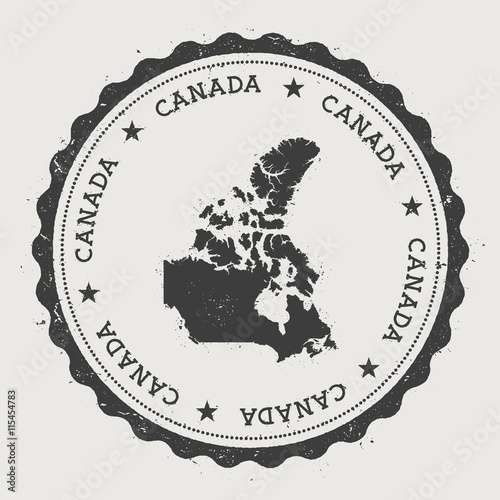 Canada hipster round rubber stamp with country map. Vintage passport stamp with circular text and stars, vector illustration.