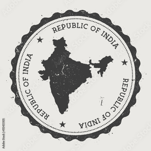 India hipster round rubber stamp with country map. Vintage passport stamp with circular text and stars, vector illustration.