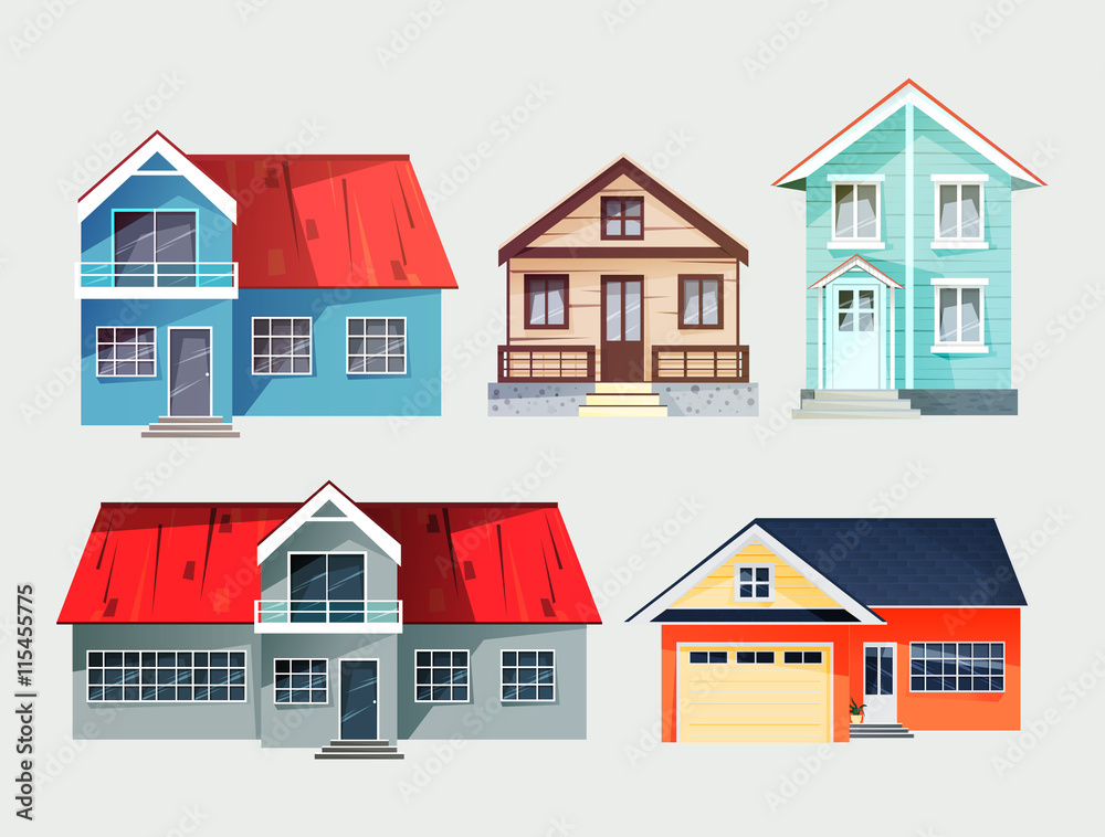 Set of colorful cottage houses. Flat buildings. Vector illustrat