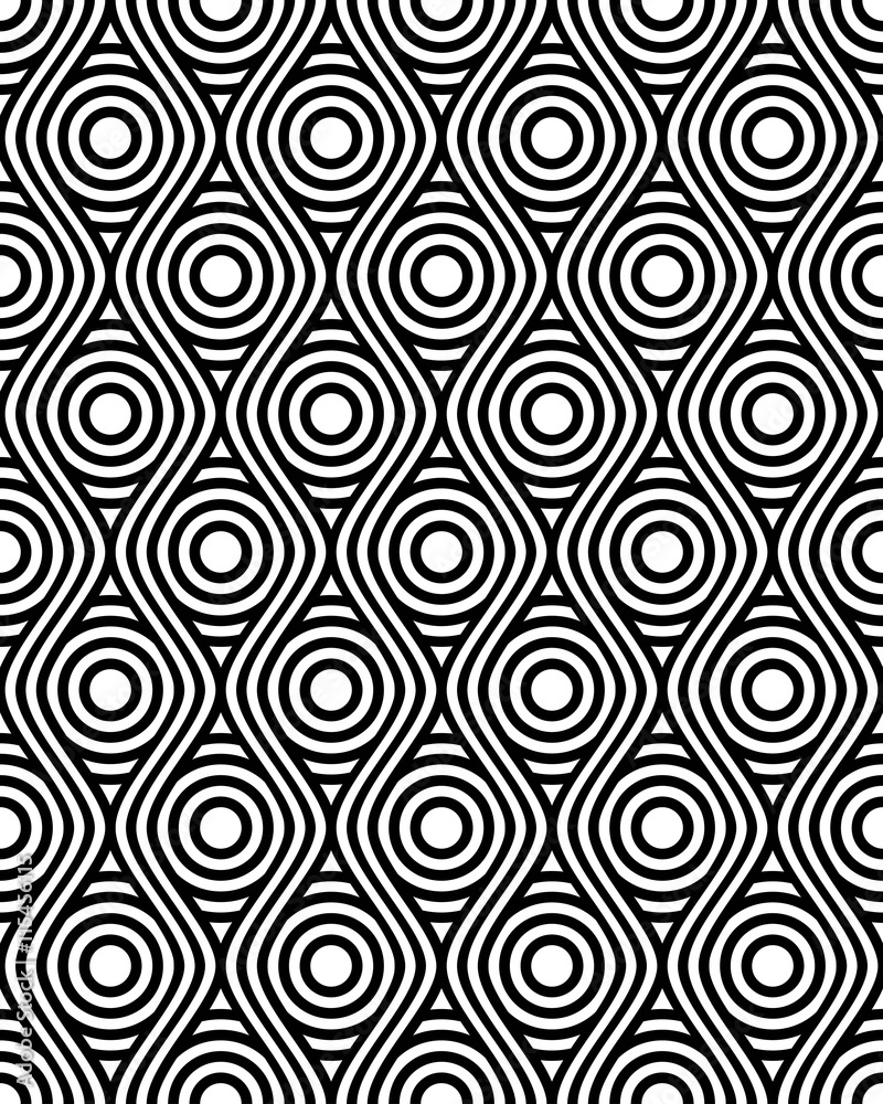 Vector seamless texture. Modern abstract background. Monochrome geometrical pattern. Wavy lines with concentric circles in the middle.