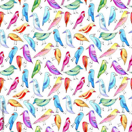 Seamless pattern with colorful bird. Watercolor hand drawn illustration.White background.Black contour.