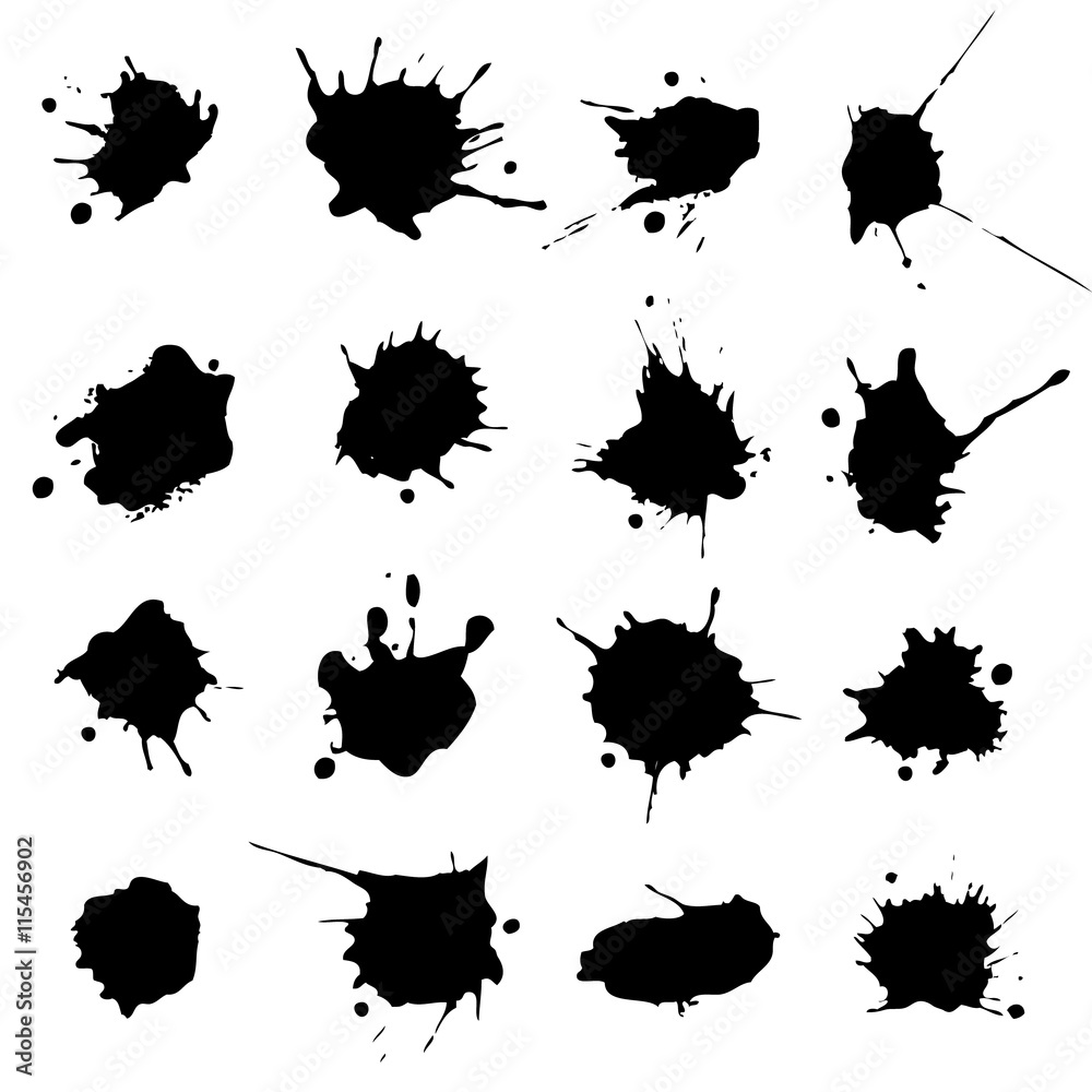 Vector set of colorful ink blots and brush strokes, isolated on the white background. Series of elements for design.