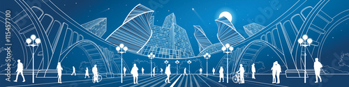 Big bridge, amazing panoramic night city, neon town. Industrial, architecture and infrastructure illustration. White lines landscape, people walk on the street, vector design art