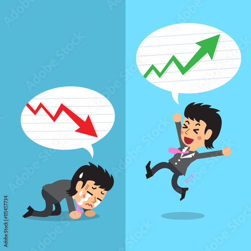 Cartoon businesswoman expressing different emotions with green and red arrows