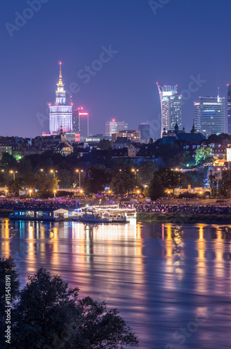 Night view of Warsaw waterfront and downtown skyline