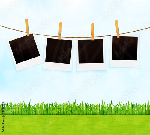 Summer background with photos on rope