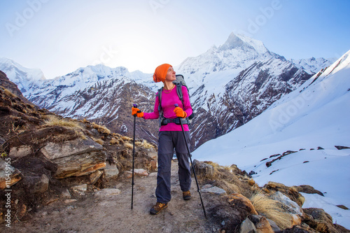 Hiker on the trek in Himalayas, Annapurna valley, Nepal
