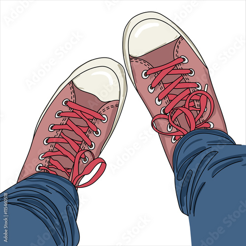 Legs with jeans in gumshoes. Vector illustration. EPS