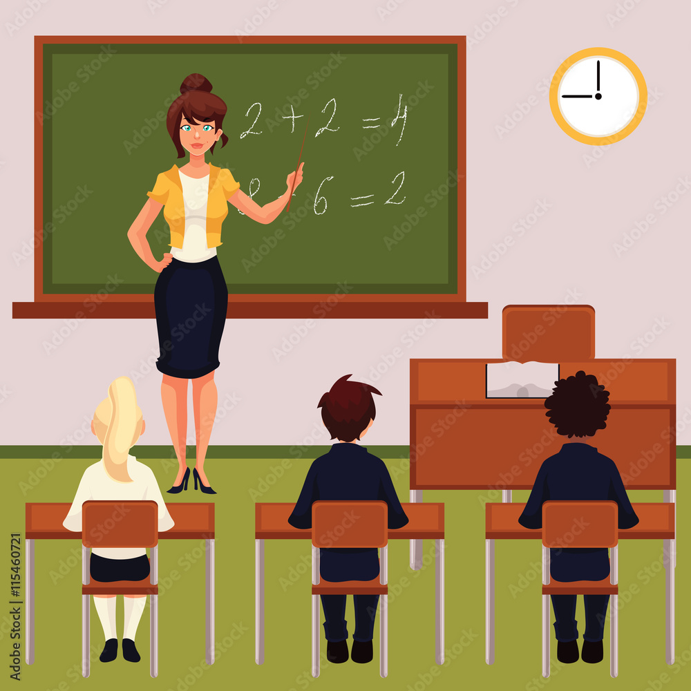 Teacher and pupils in classroom cartoon vector illustration. Classroom with  green chalkboard desk tables and chairs. Math lesson in primary school with  young attractive teacher Stock Vector | Adobe Stock