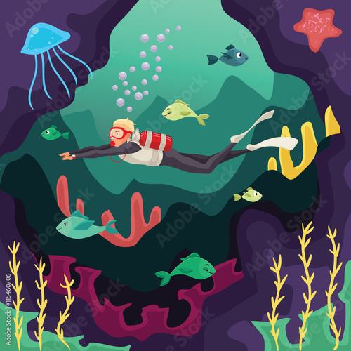 Scuba diver swimming under water, cartoon vector illustration. Underwater sport scuba snorkeling, aquatic adventure. Beautiful marine landscape, fish and corals