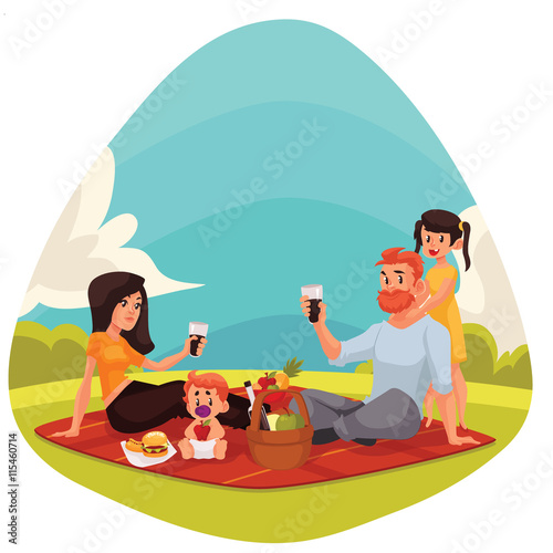 Happy family countryside picnic cartoon style vector illustration. Father, mother, daughter and son having picnic together outdoors eating and drinking