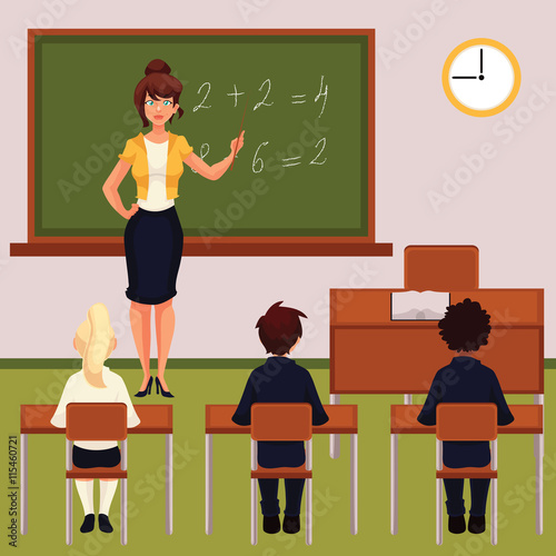 Teacher and pupils in classroom cartoon vector illustration. Classroom with green chalkboard desk tables and chairs. Math lesson in primary school with young attractive teacher