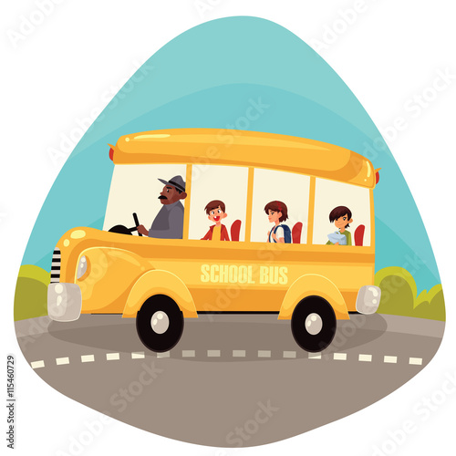 Cartoon vector illustration of happy primary students riding school bus. Traditional yellow schoolbus on the road, driver taking pupils to school trip countryside