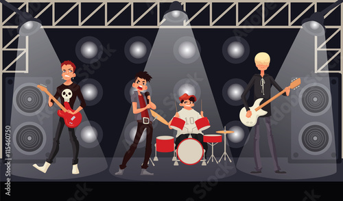 Rock band musicians perform on stage, cartoon vector illustration. Rock star singer guitarist drummer bassist. Band performance, rock concert, music festival