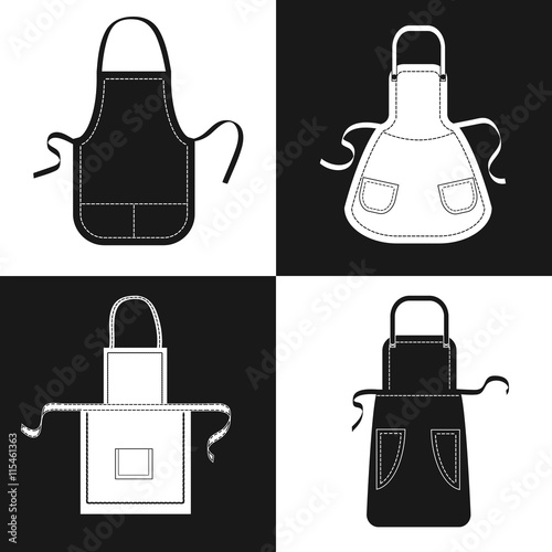 Aprons set. Vector collection of black and white aprons with pockets, shoulder straps and belts. 