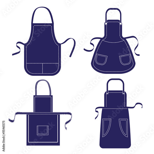 Set of blue aprons isolated on white. Vector collection aprons templates with pockets, shoulder straps and belts. 