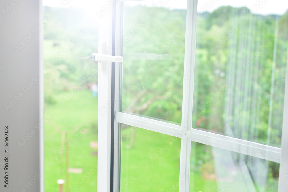 Window with view of summer backyard Window with view of summer backyard