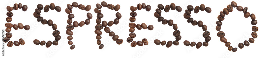 Isolated Word 'ESPRESSO' make from coffee bean on white backgrou Isolated Word 'ESPRESSO' make from coffee bean on white backgrou