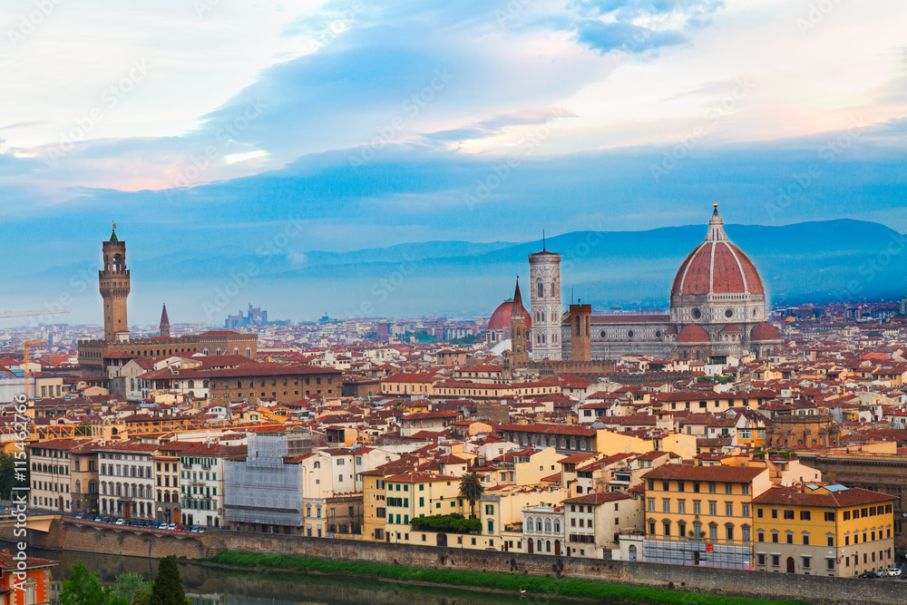 cityscape of Florence old town from above at sunrise, Italy