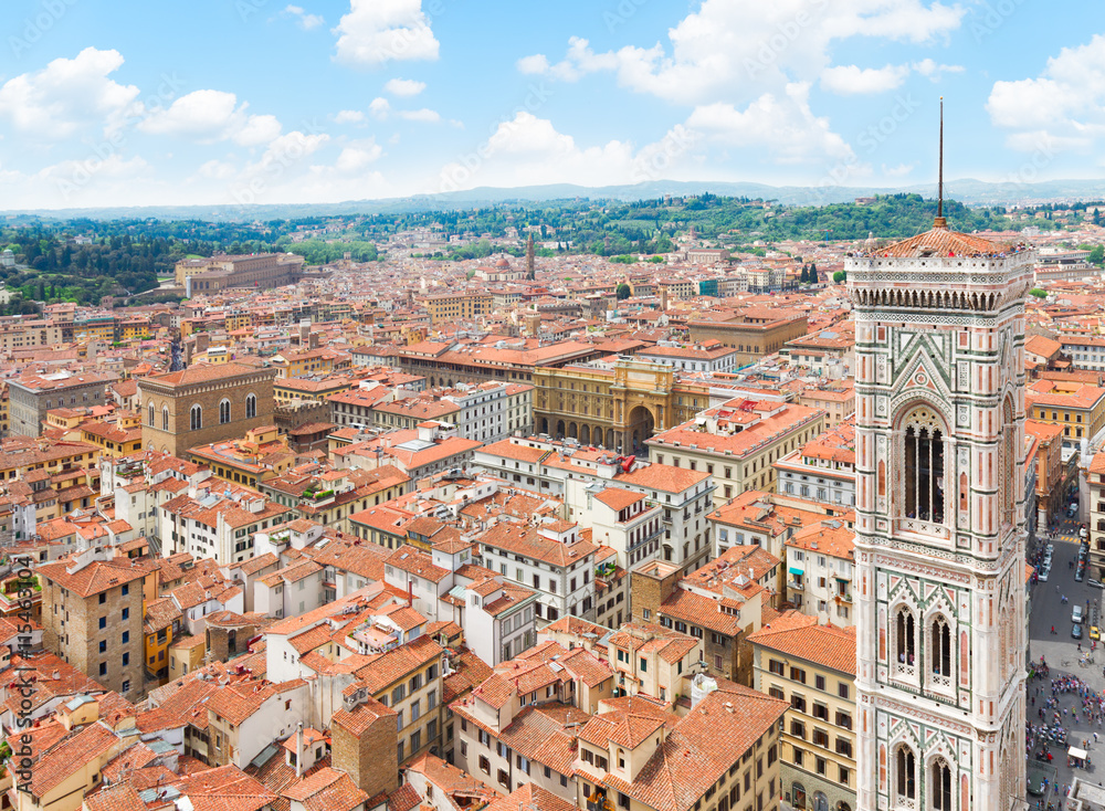 bell tower of cathedral church Santa Maria del Fiore and cityscape of Florence, Italy