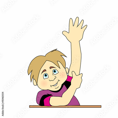 School kid boy on desk hand up