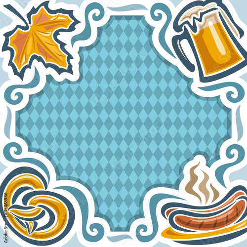 Vector frame for Oktoberfest menu on background Bavarian pattern of white blue rhombus: autumn maple leaf, mug beer cup,pretzel and dish plate sausages on grill.Invitation ticket for oktoberfest party