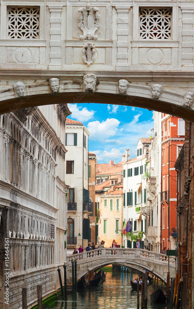 Bridge of Sighs over canal and old town of Venice, Italy
