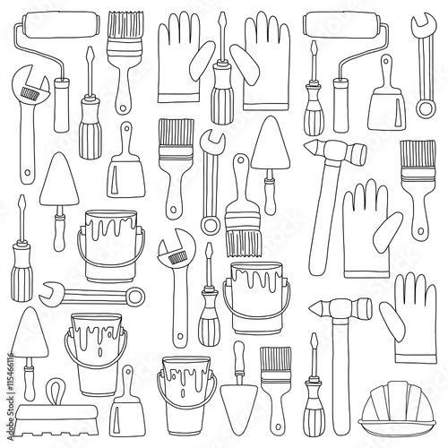 Repair and renovation tools Hand drawn vector icons