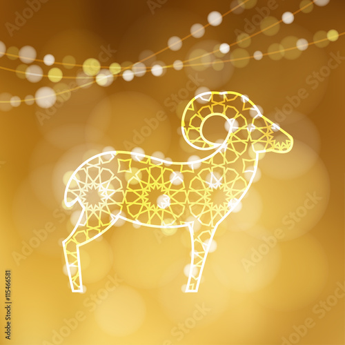 Greeting card with silhouette of ornamental sheep illuminated by lights. Golden vector illustration background for Eid Ul Adha.