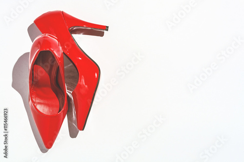 Konstfotografi Female high heel leather shoe, Overhead view of red stiletto sho