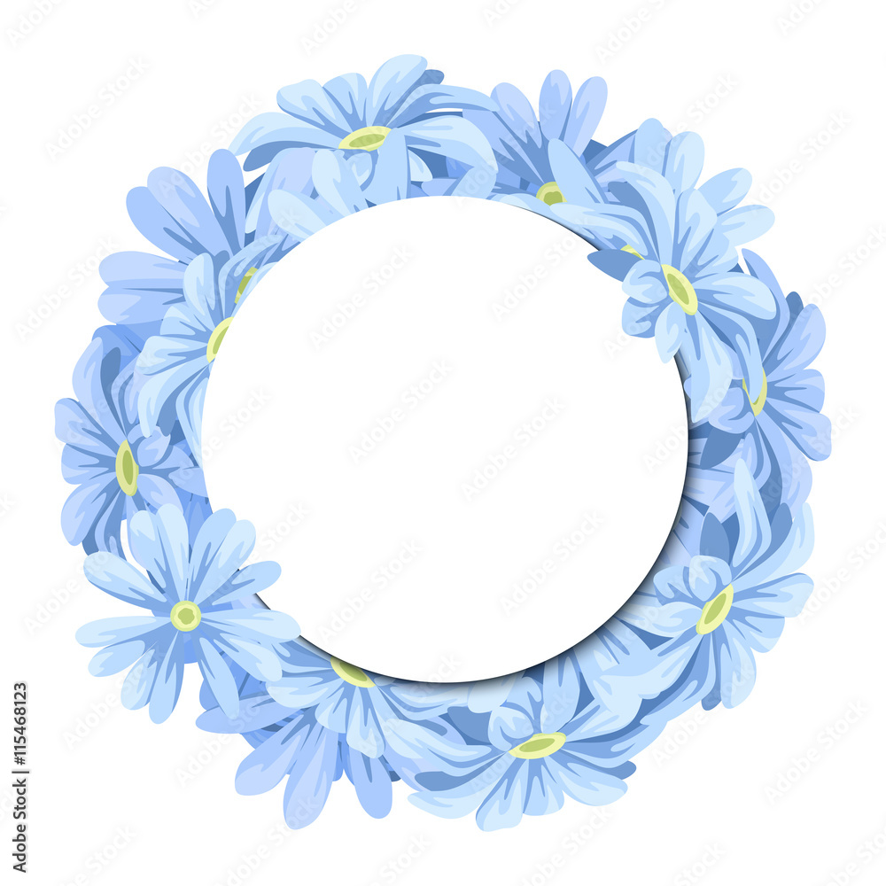 Vector circle card with blue flowers.