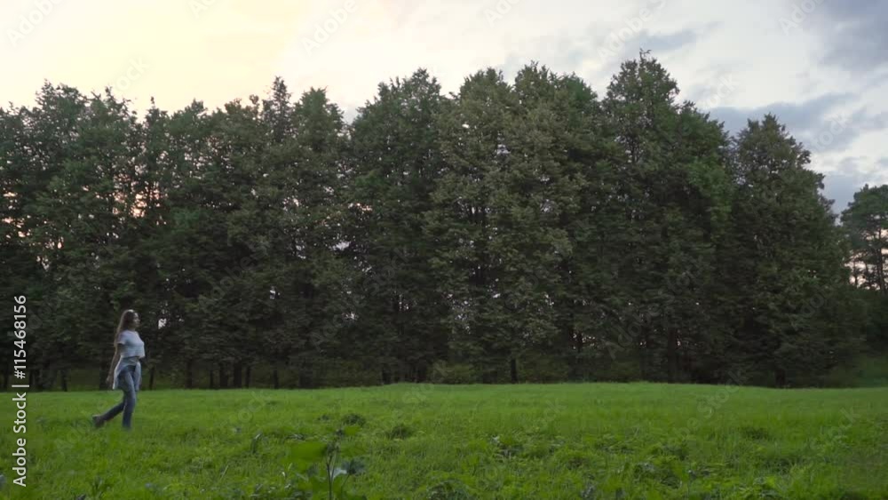 Brunette girl walking cross the frame on evening meadow Slow motion wide shot Brunette girl walking cross the frame on evening meadow Slow motion wide shot