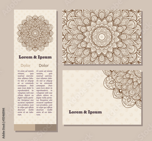 Collection of ethnic cards,menu or wedding invitations with indian ornament.