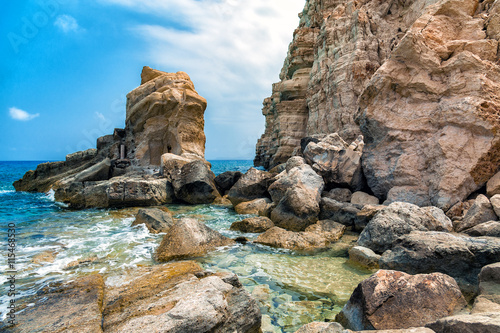 Rocky coasline of Crete island with huge dolomite rocks