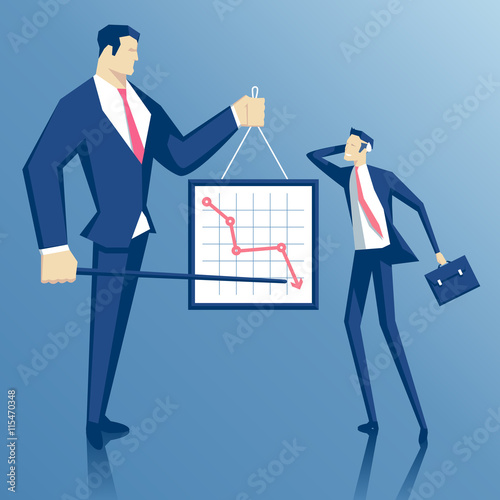 Angry boss and employee, boss blames employee failure, director chastises manager for the fall in sales, chief scolds worker