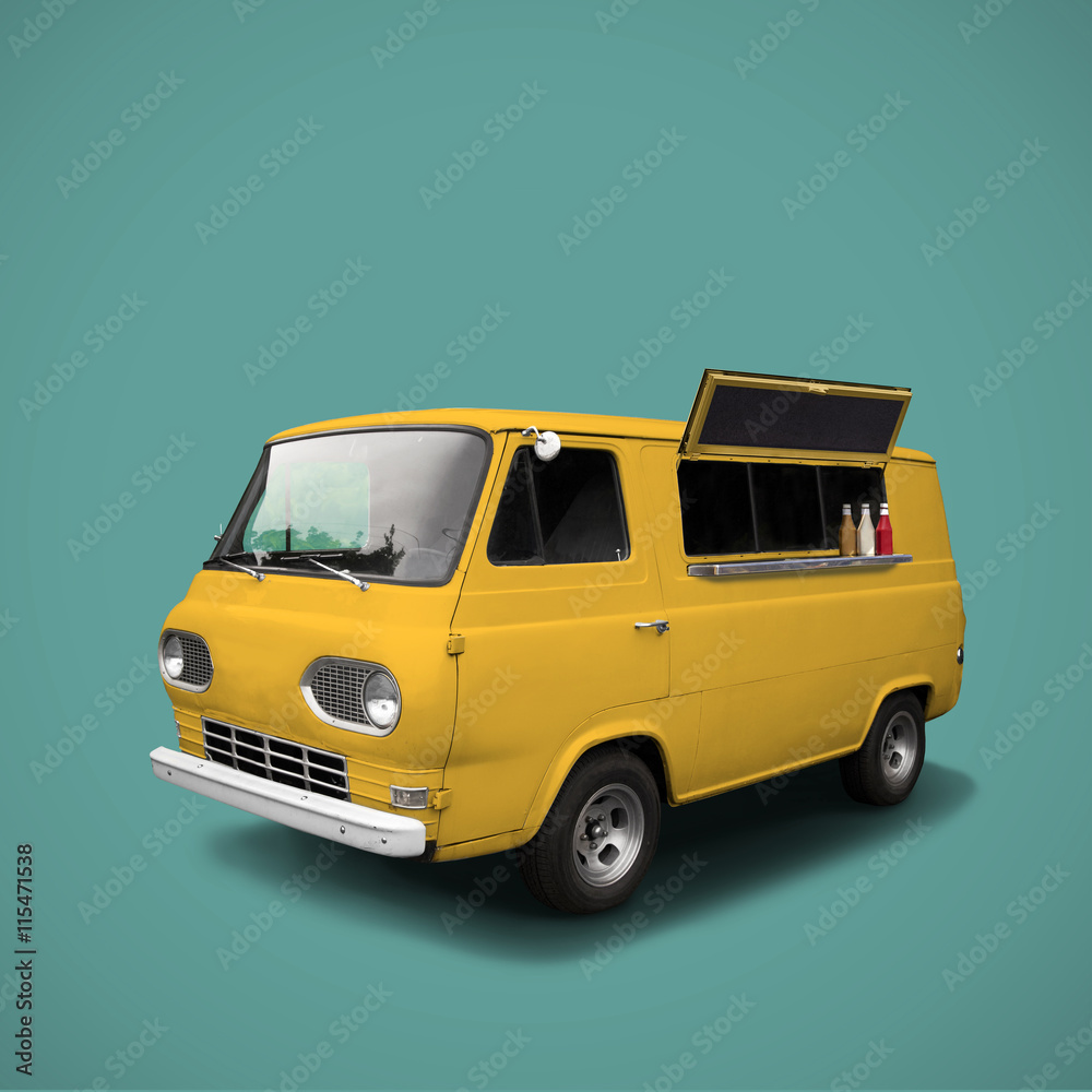 Yellow fast food truck on blue background template